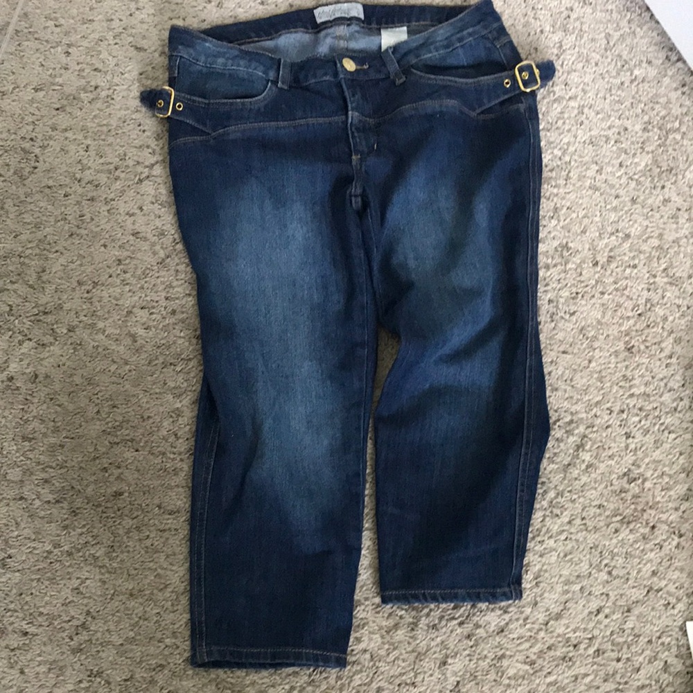 Women's Blue Jeans, capris size 15, buckles on front pockets